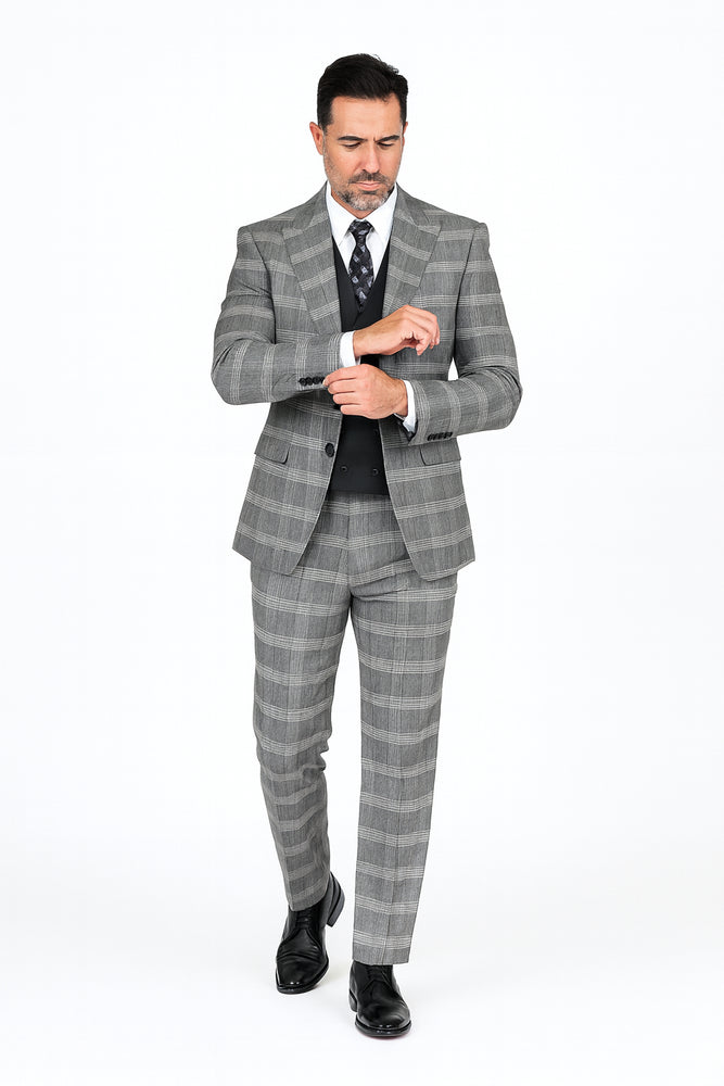 Gray Pattern Plaid Suit - Black Vest Double Breasted Vest - Houndstooth Fabric