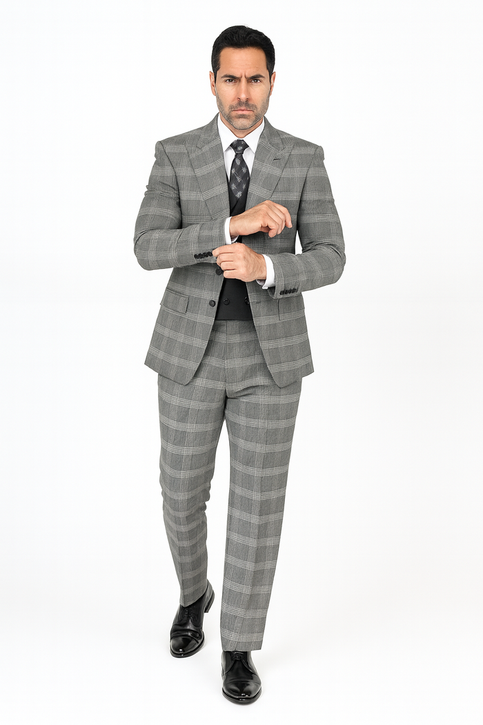 Gray Pattern Plaid Suit - Black Vest Double Breasted Vest - Houndstooth Fabric