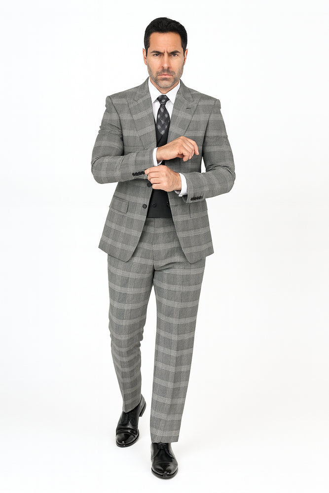 Gray Pattern Plaid Suit - Black Vest Double Breasted Vest - Houndstooth Fabric