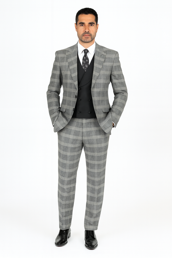 Gray Pattern Plaid Suit - Black Vest Double Breasted Vest - Houndstooth Fabric