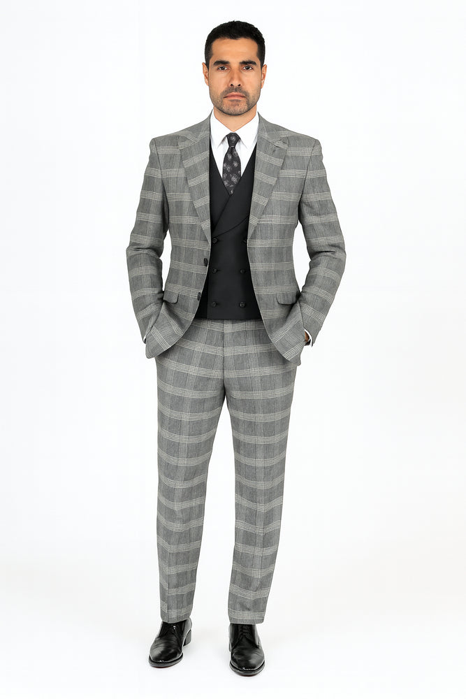 Gray Pattern Plaid Suit - Black Vest Double Breasted Vest - Houndstooth Fabric