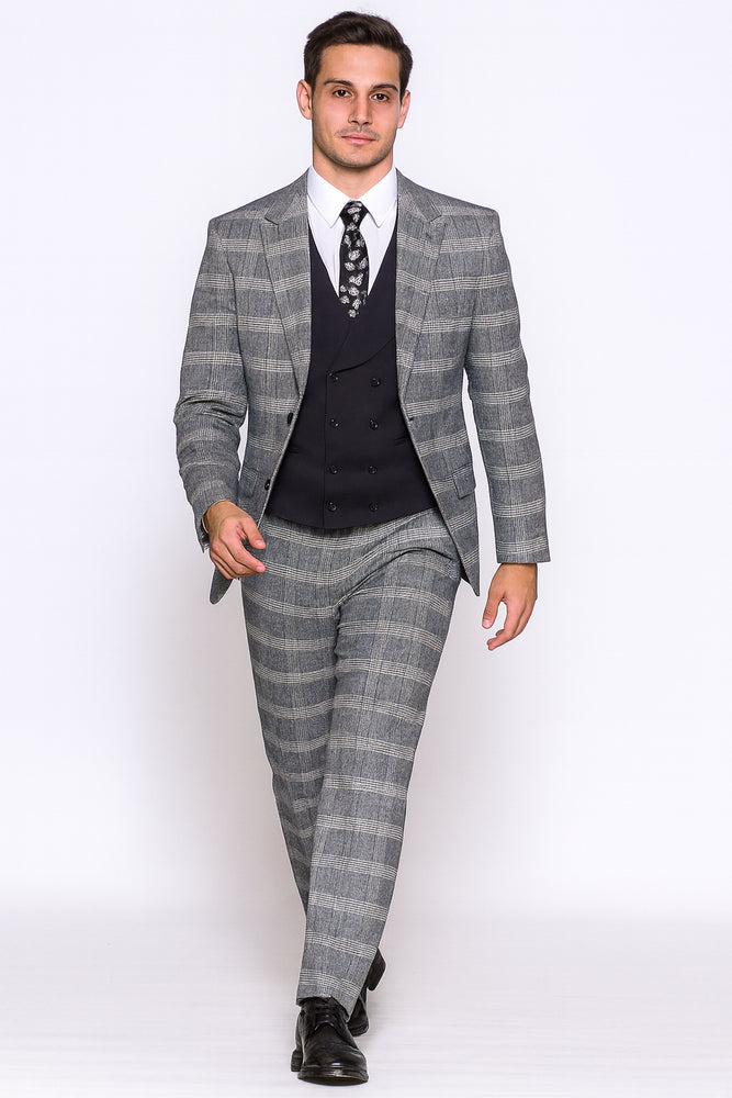 Gray Pattern Plaid Suit - Black Vest Double Breasted Vest - Houndstooth Fabric