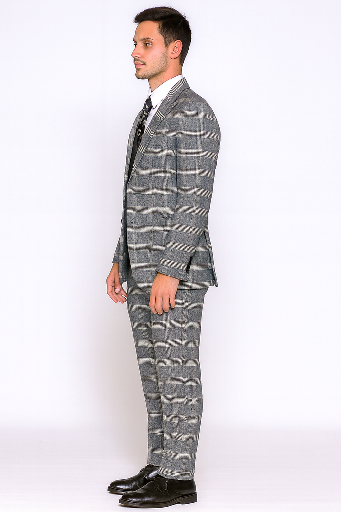 Gray Pattern Plaid Suit - Black Vest Double Breasted Vest - Houndstooth Fabric