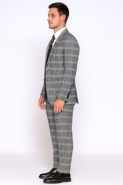 Gray Pattern Plaid Suit - Black Vest Double Breasted Vest - Houndstooth Fabric