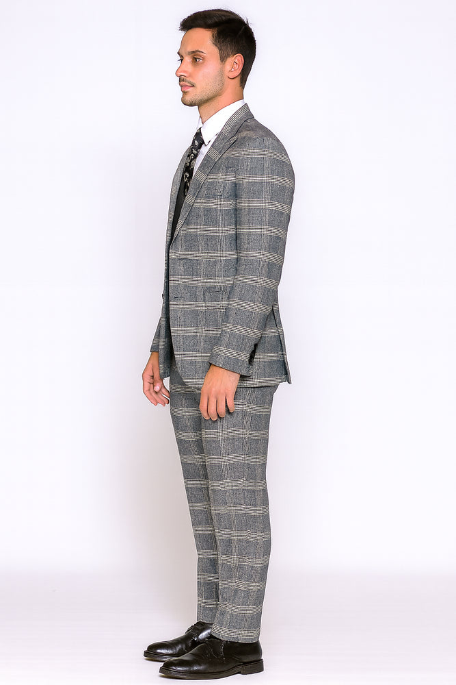 Gray Pattern Plaid Suit - Black Vest Double Breasted Vest - Houndstooth Fabric