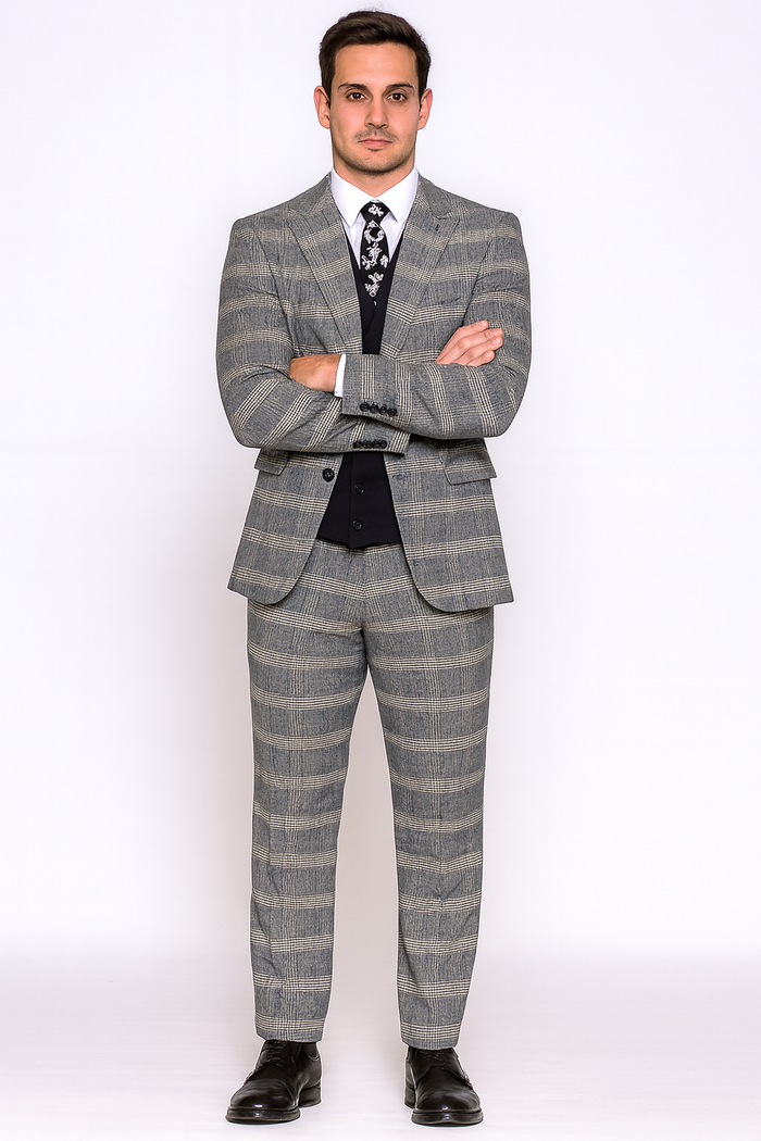 Gray Pattern Plaid Suit - Black Vest Double Breasted Vest - Houndstooth Fabric