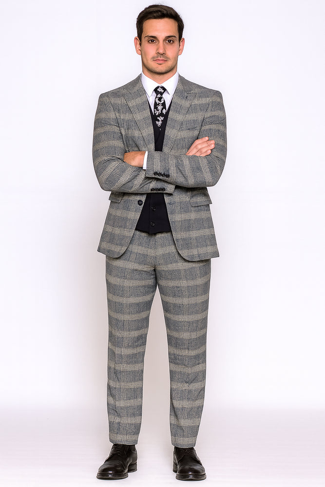 Gray Pattern Plaid Suit - Black Vest Double Breasted Vest - Houndstooth Fabric