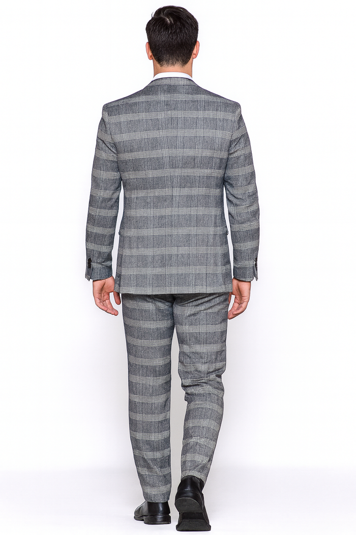 Gray Pattern Plaid Suit - Black Vest Double Breasted Vest - Houndstooth Fabric