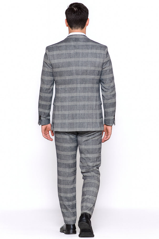 Gray Pattern Plaid Suit - Black Vest Double Breasted Vest - Houndstooth Fabric