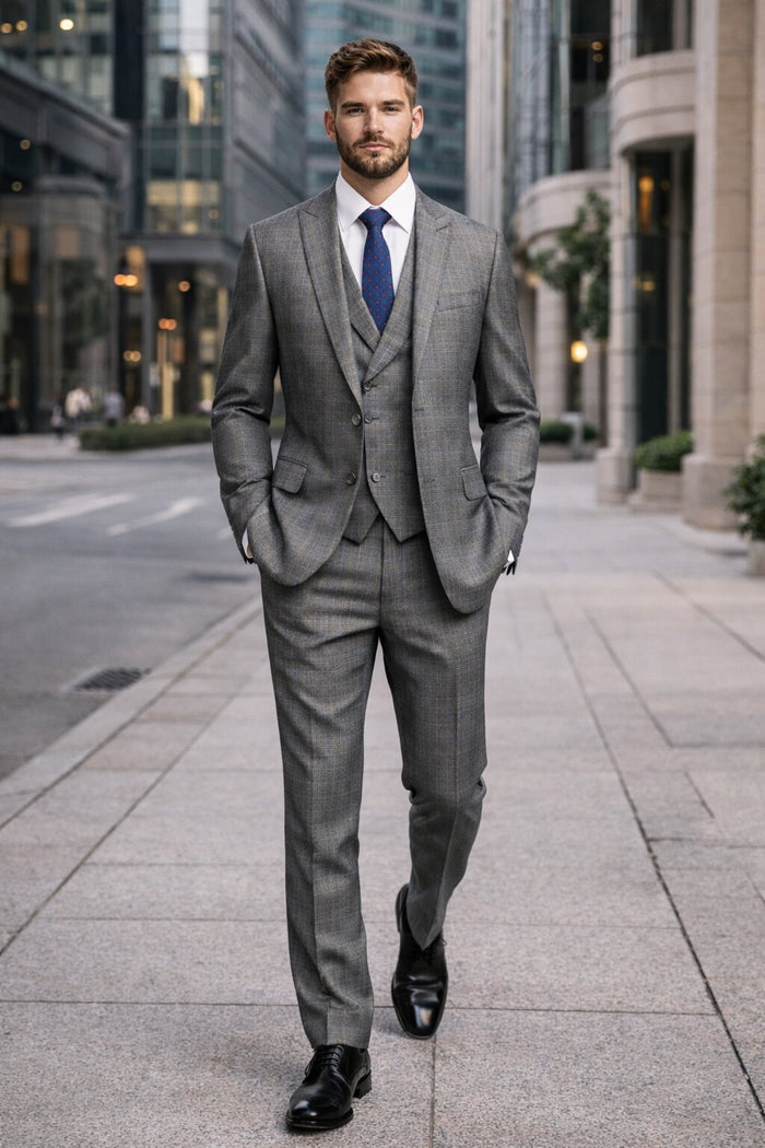 Gray Modern Fit Glen Plaid 2 Button Peak Lapel 3 Piece Suit