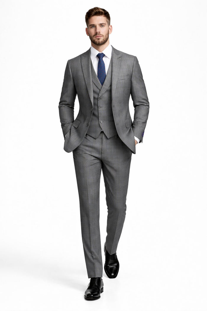 Gray Modern Fit Glen Plaid 2 Button Peak Lapel 3 Piece Suit