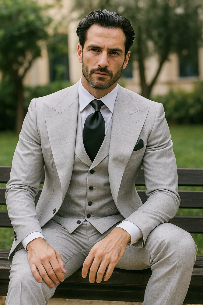 Suits With Baggy Pleated Pants - Wide Leg Pants 100% Wool - Classic Fit in Grey One Button 3 Piece Suit by Rossiman