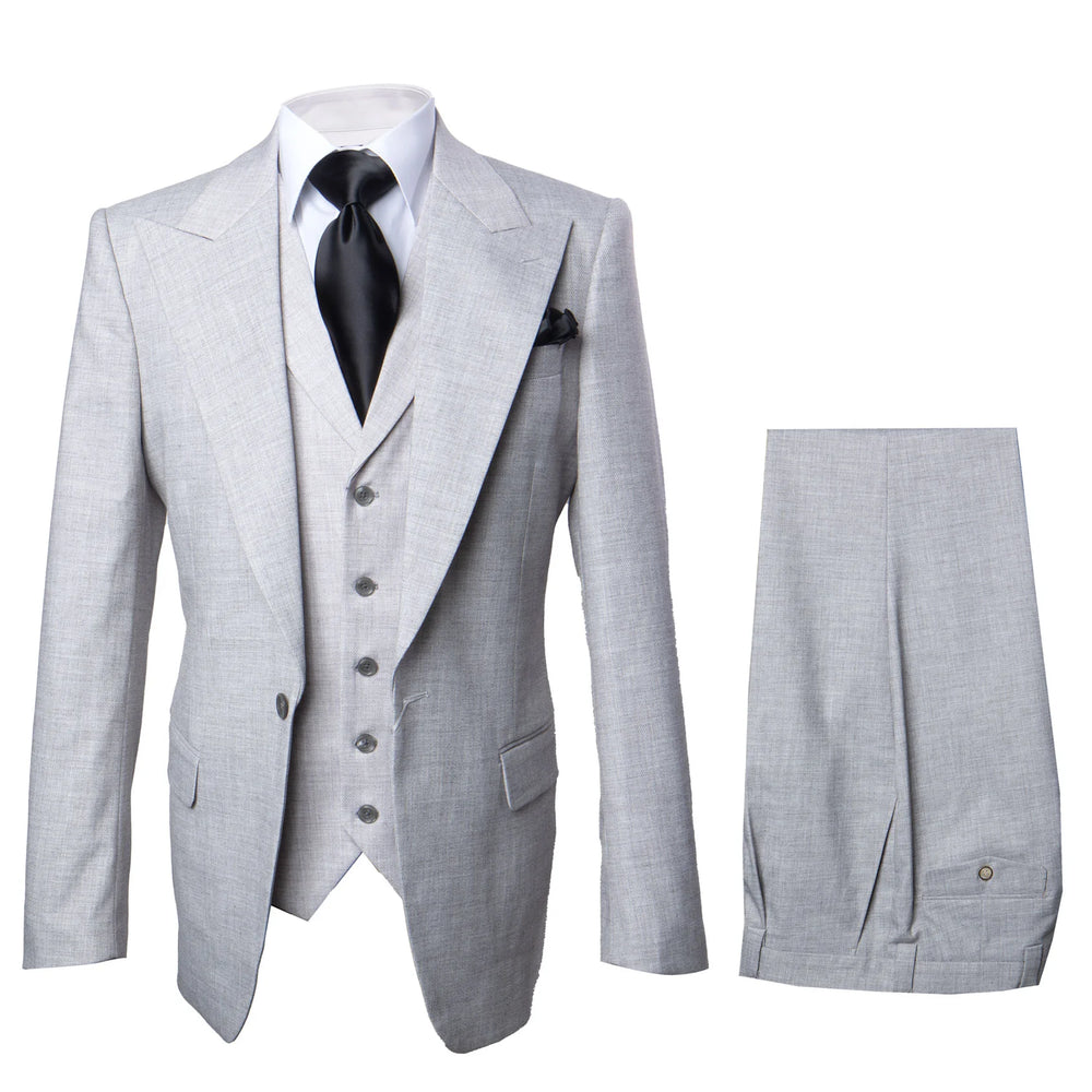 Suits With Baggy Pleated Pants - Wide Leg Pants 100% Wool - Classic Fit in Grey One Button 3 Piece Suit by Rossiman
