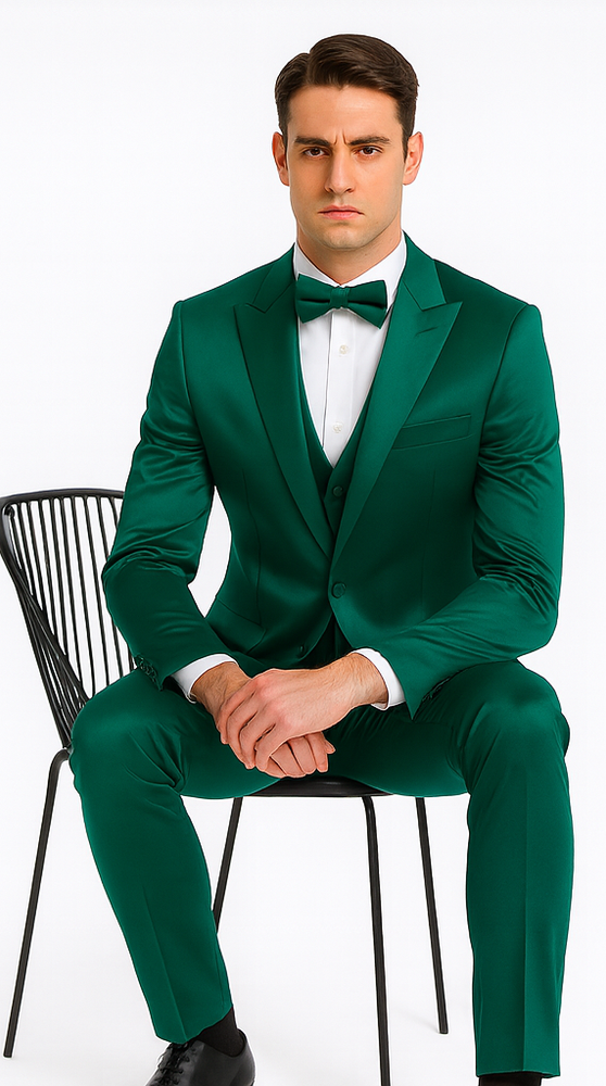 Green Satin 3 Piece Slim Fit Tazzio Men's Suit with Peak Lapel Jacket – Luxury Style
