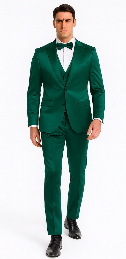 Green Satin 3 Piece Slim Fit Tazzio Men's Suit with Peak Lapel Jacket – Luxury Style