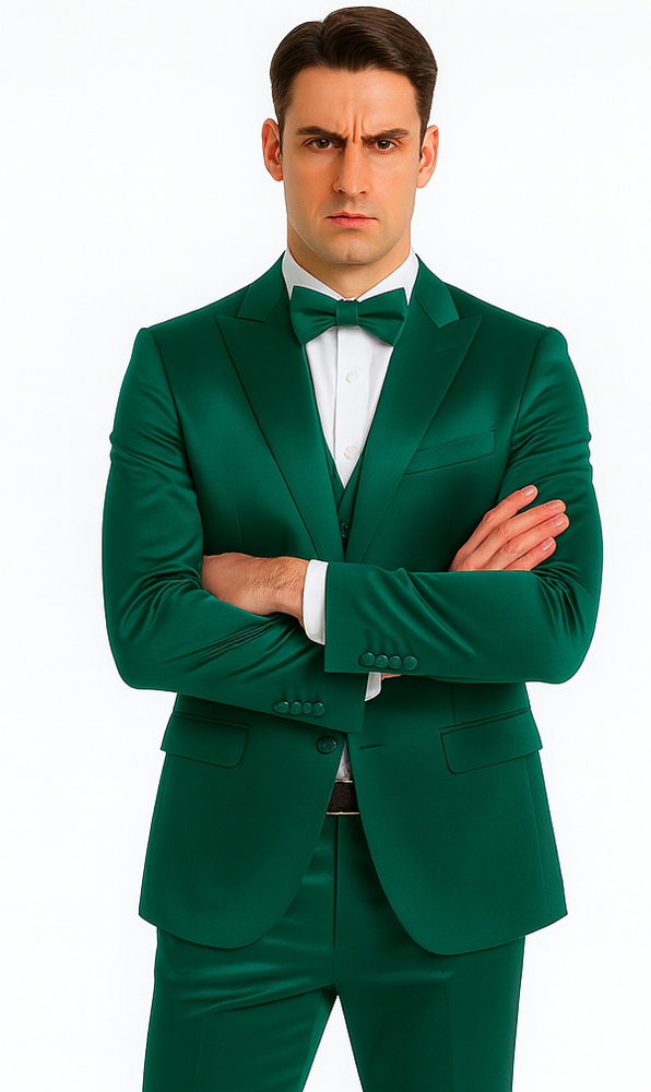 Green Satin 3 Piece Slim Fit Tazzio Men's Suit with Peak Lapel Jacket – Luxury Style