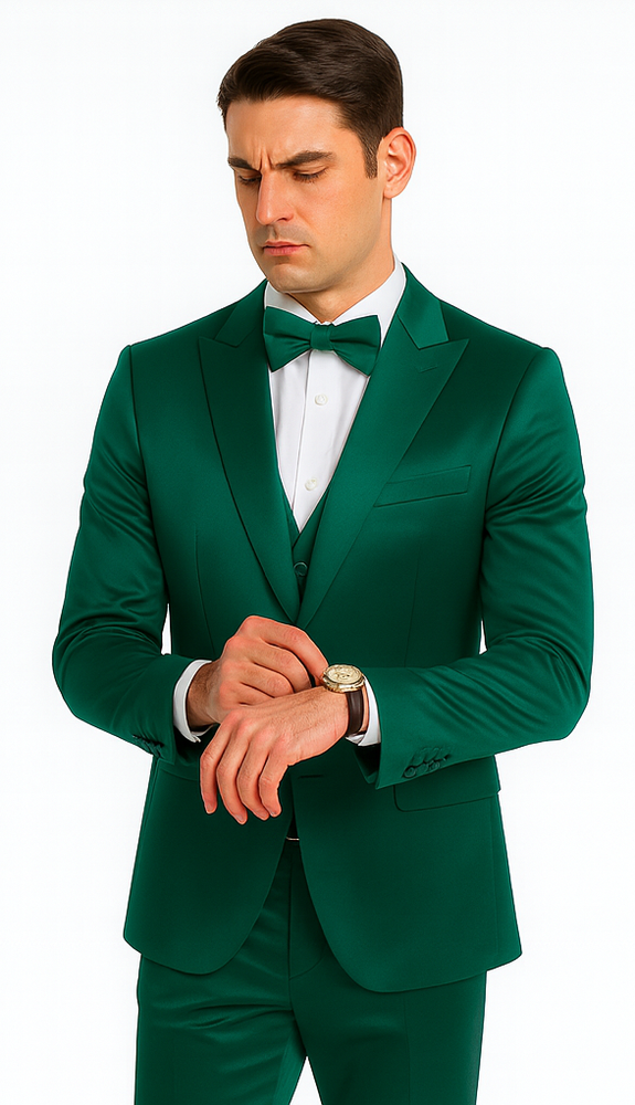 Green Satin 3 Piece Slim Fit Tazzio Men's Suit with Peak Lapel Jacket – Luxury Style