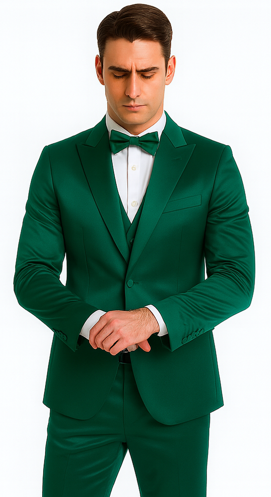 Green Satin 3 Piece Slim Fit Tazzio Men's Suit with Peak Lapel Jacket – Luxury Style