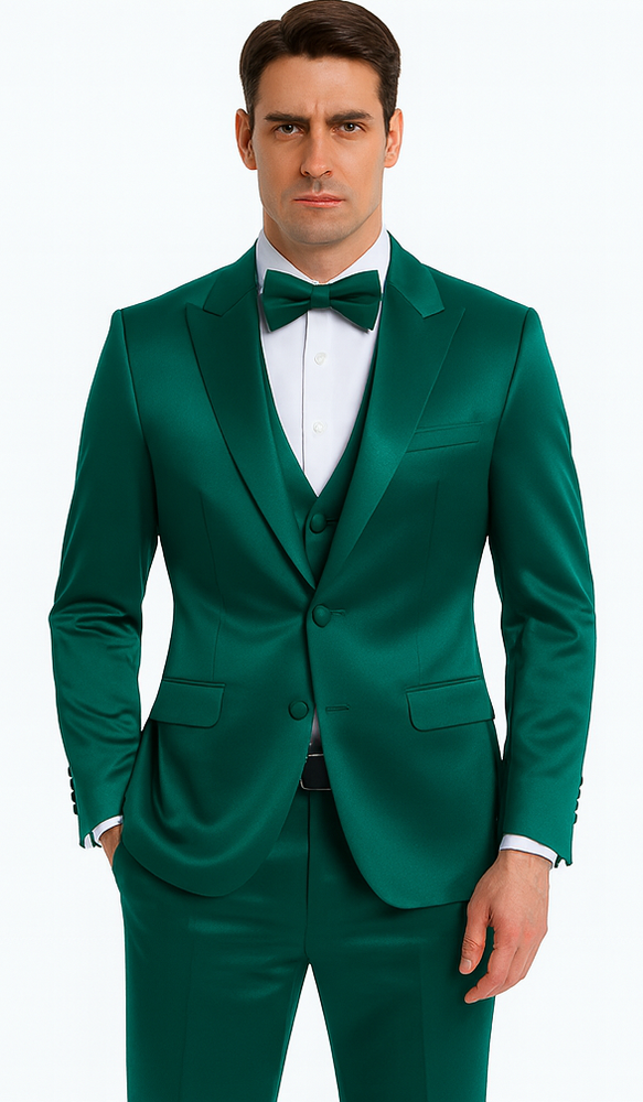 Green Satin 3 Piece Slim Fit Tazzio Men's Suit with Peak Lapel Jacket – Luxury Style