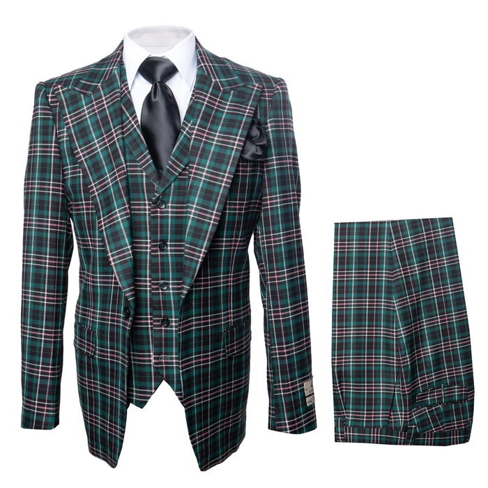 Suits With Baggy Pleated Pants - Wide Leg Pants 100% Wool - Classic Fit in Green Color by Rossiman