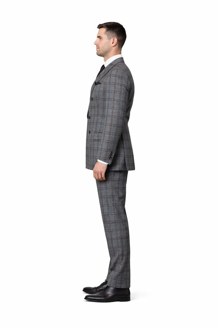 Grey Highland Plaid Double-Breasted 3-Piece Executive Suit by Rossiman