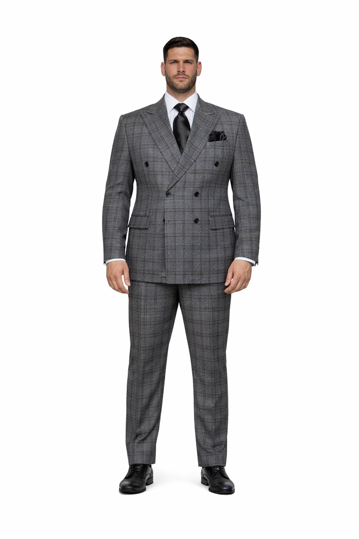 Grey Highland Plaid Double-Breasted 3-Piece Executive Suit by Rossiman
