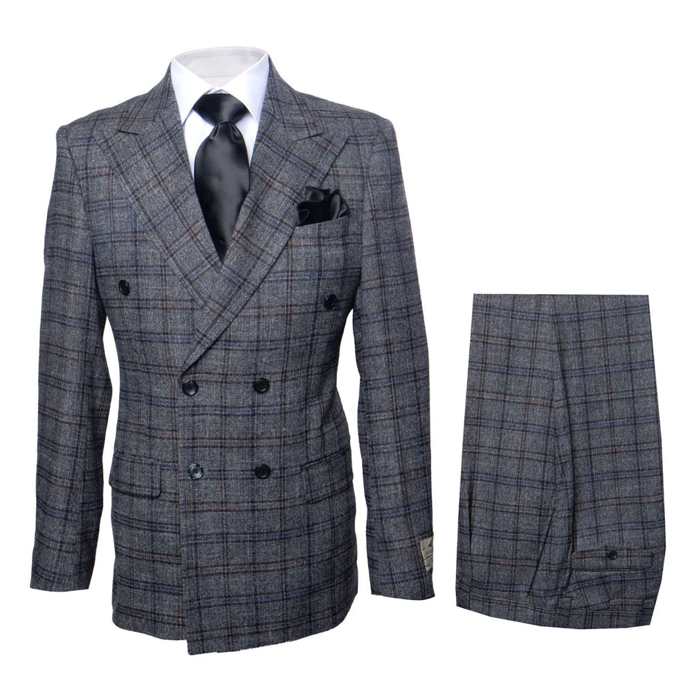 Grey Highland Plaid Double-Breasted 3-Piece Executive Suit by Rossiman