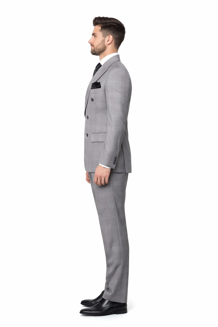 Grey Windowpane Double-Breasted 3-Piece Executive Suit