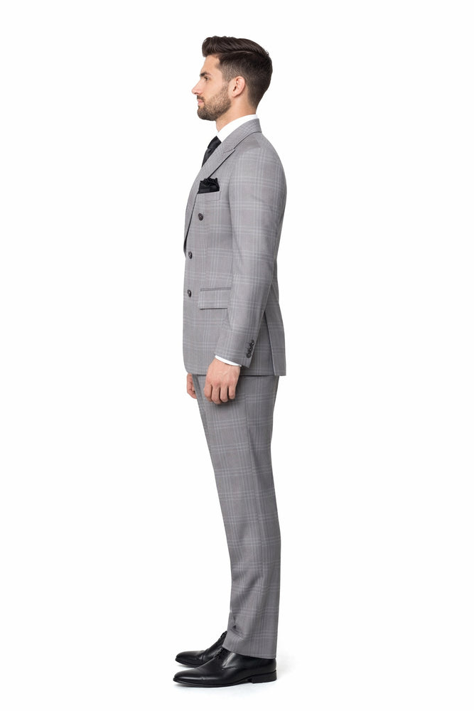 Grey Windowpane Double-Breasted 3-Piece Executive Suit