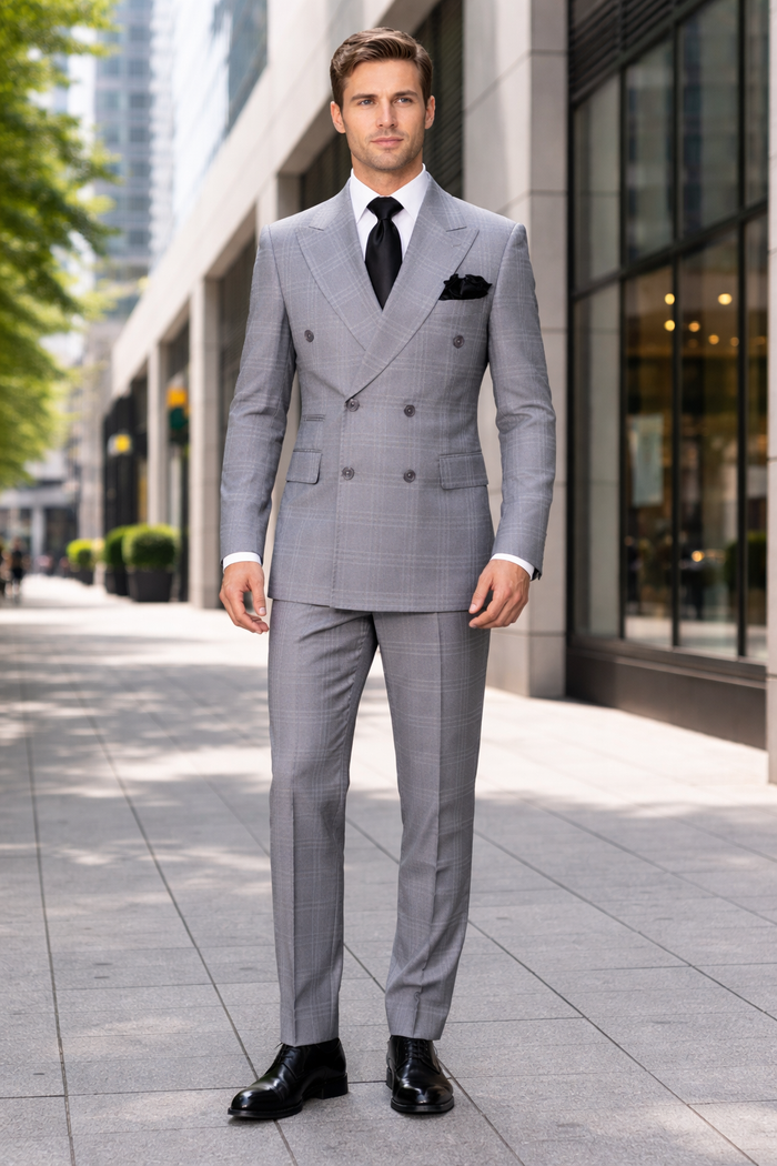 Grey Windowpane Double-Breasted 3-Piece Executive Suit
