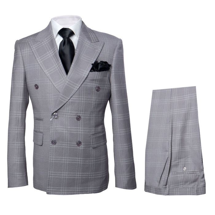 Grey Windowpane Double-Breasted 3-Piece Executive Suit