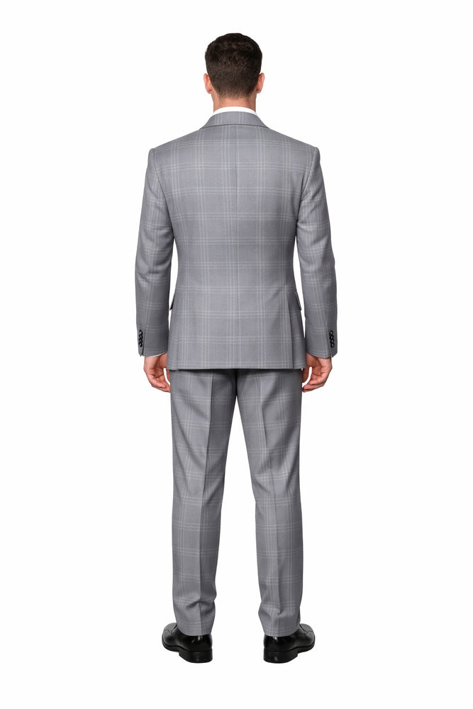 Grey Windowpane Double-Breasted 3-Piece Executive Suit
