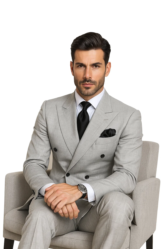 Suits With Baggy Pleated Pants - Wide Leg Pants 100% Wool - Classic Fit in Grey Color by Rossiman