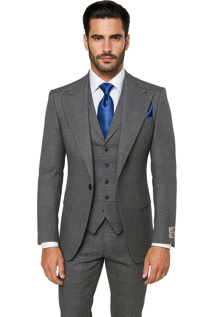 Suits With Baggy Pleated Pants - Wide Leg Pants 100% Wool - Classic Fit Gray Color by Rossiman