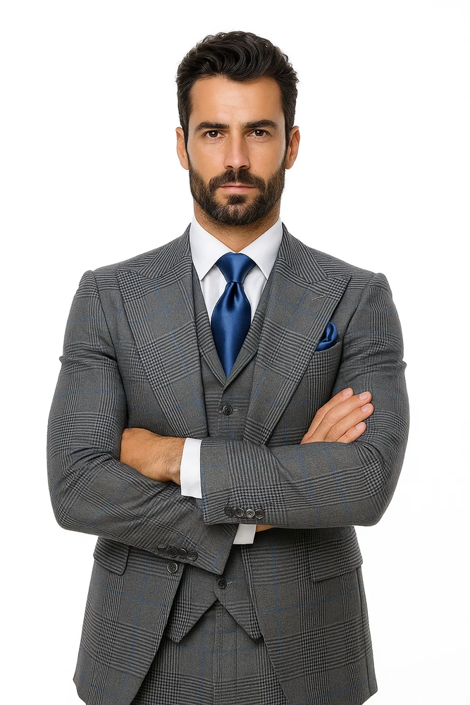 Suits With Baggy Pleated Pants - Wide Leg Pants 100% Wool - Classic Fit Gray Color by Rossiman