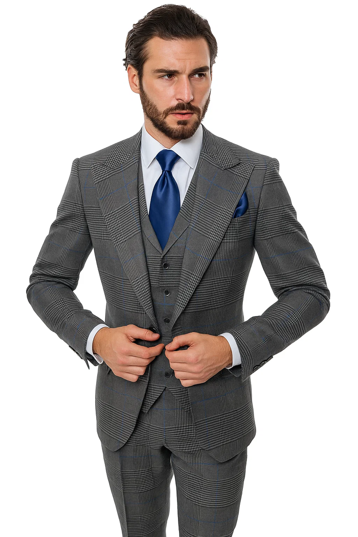 Suits With Baggy Pleated Pants - Wide Leg Pants 100% Wool - Classic Fit Gray Color by Rossiman