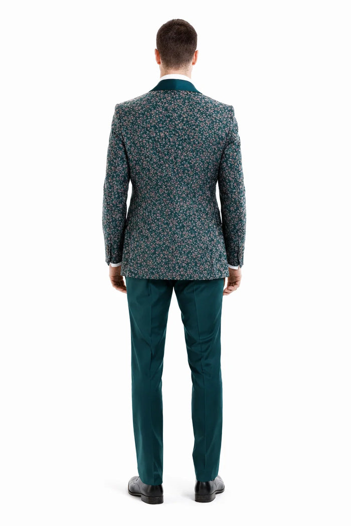 Men’s Green Splatter Print Prom Tuxedo – One Button Vintage Style with Shawl Lapel & Vest