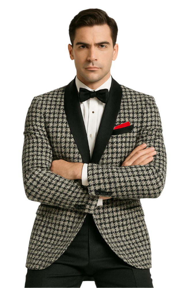 Mens Black and White Tuxedo Houndstooth Prom 2025 Suits - Groom Tuxedo