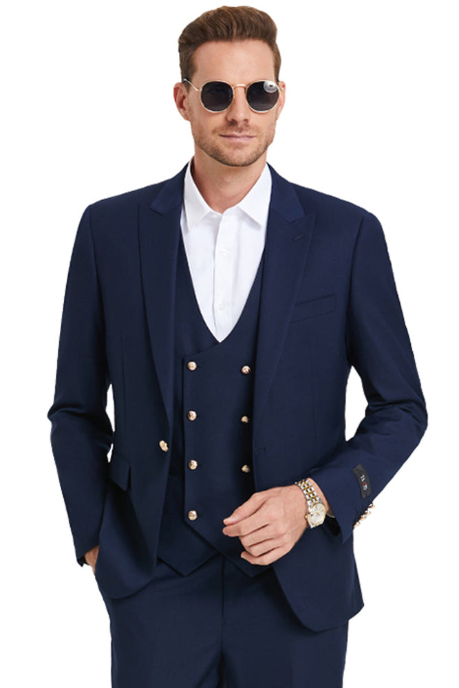 Men's Navy Blue One Button Peak Lapel Suit with Gold Buttons