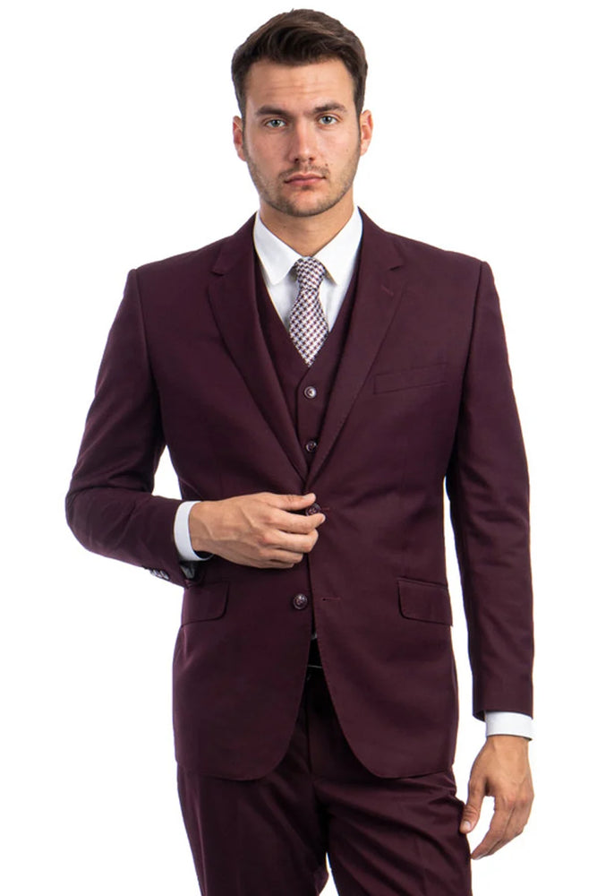 Zegarie Suits - Men's Designer Two Button Modern Fit Vested Wool Suit in Burgundy