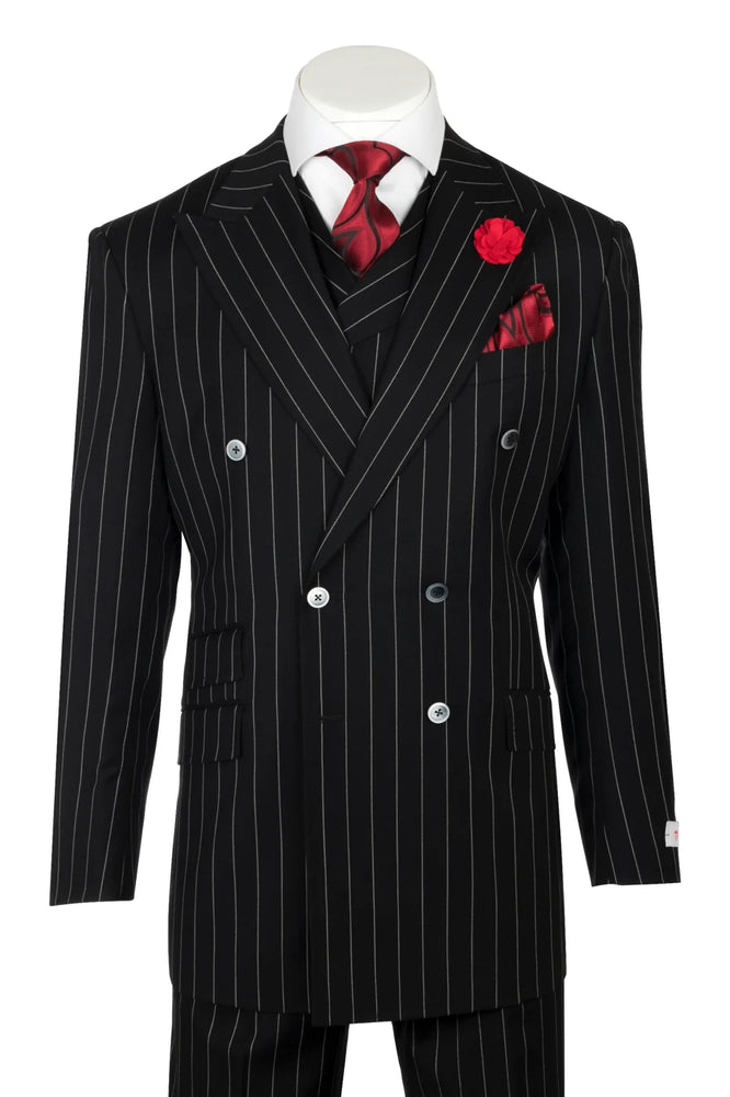 Harlem Nights Suits for Men by Tiglio – 100% Wool Double Breasted Black Pinstripe Vested Suit Wide Leg Pleated Pants Classic fit