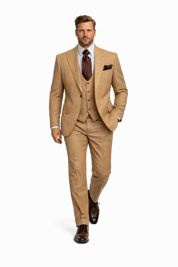 Camel Crest Tan Crosshatch 3-Piece Heritage Suit by Rossiman