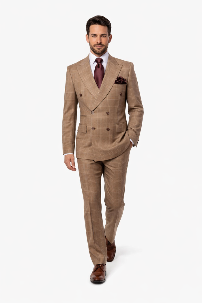 Rossiman Camel Regent Plaid Double-Breasted 3-Piece Heritage Suit