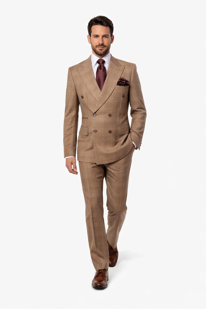 Rossiman Camel Regent Plaid Double-Breasted 3-Piece Heritage Suit