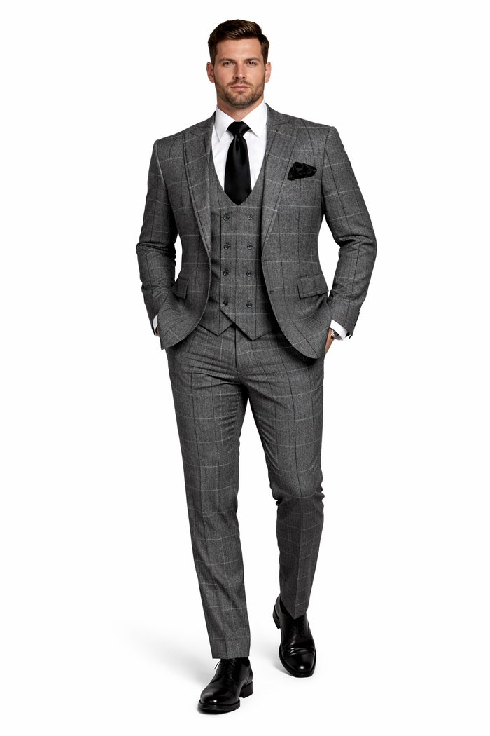 Charcoal Windowpane 3-Piece Executive Heritage Suit with Black Accents