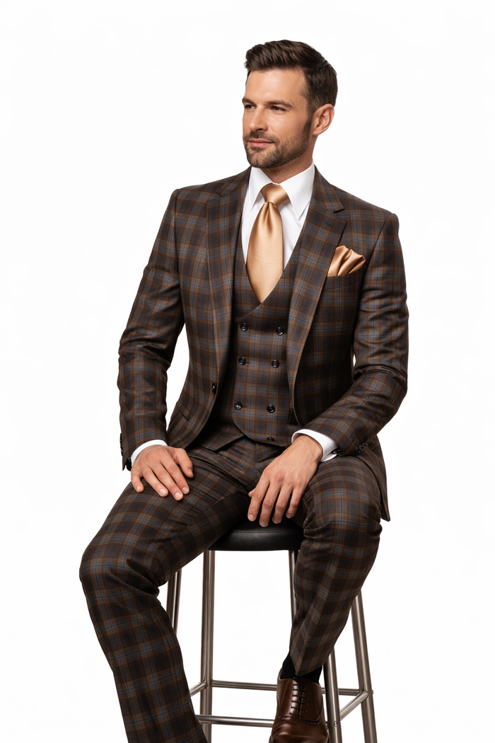 Brown & Blue Highland Plaid 3-Piece Tailored Heritage Suit