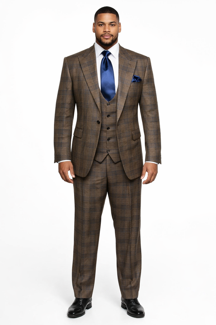 Vintage Camel-Navy Windowpane 3-Piece Gentleman’s Suit for Formal Elegance