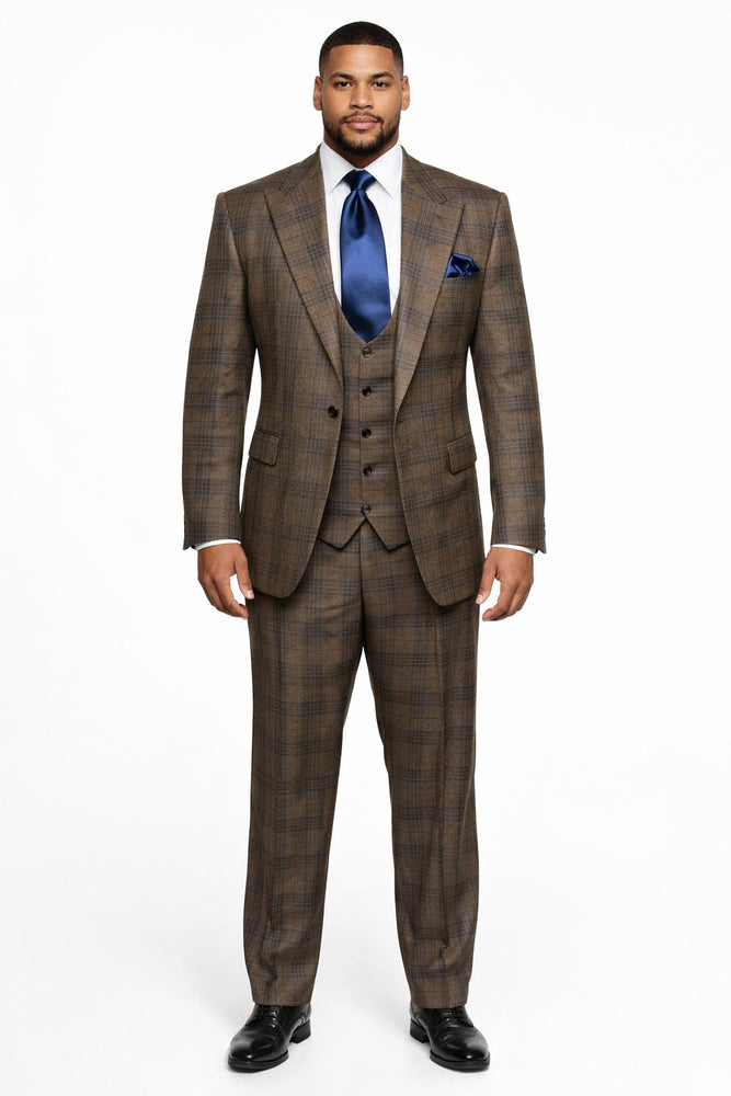 Vintage Camel-Navy Windowpane 3-Piece Gentleman’s Suit for Formal Elegance