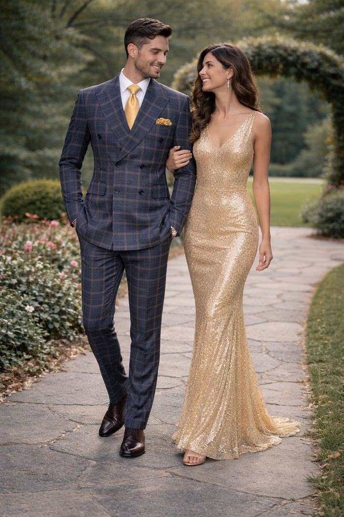 Highland Navy Camel Check Double-Breasted 3-Piece Suit