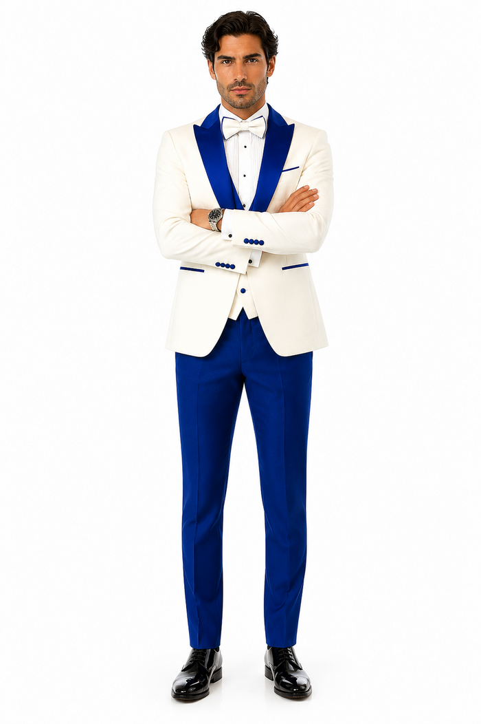 Hilton White and Royal Blue Paisley Peak Lapel Tuxedo Jacket with Matching Shawl Vest and Wool Pants – Includes Bow Tie